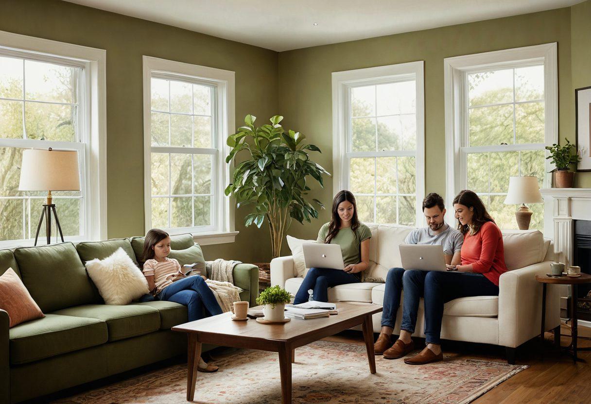 A cozy living room featuring a friendly family comparing mortgage options on a laptop, with a large window revealing a serene neighborhood outside. The atmosphere is warm and inviting, with a coffee table showcasing financial documents and a calculator. Include subtle elements like a plant and soft lighting to add a homely touch. vibrant colors. super-realistic.