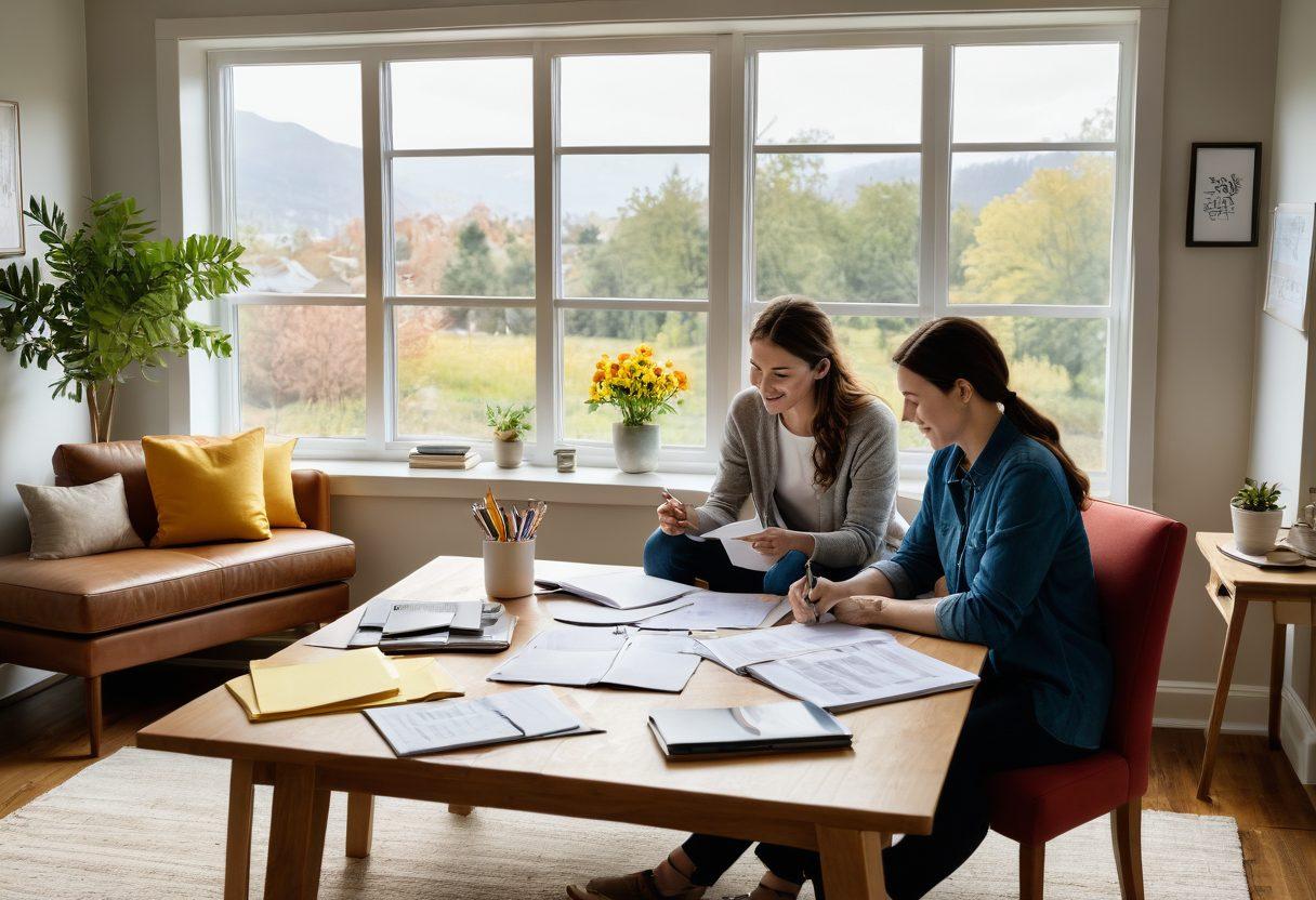 A cozy living room with a welcoming atmosphere, showcasing a couple examining house plans and loan documents at a coffee table, with a window view of a beautiful home exterior. Incorporate elements of friendly advice like sticky notes with tips and a laptop displaying a mortgage calculator. Bright and inviting colors to convey hope and opportunity. super-realistic. vibrant colors. natural light.