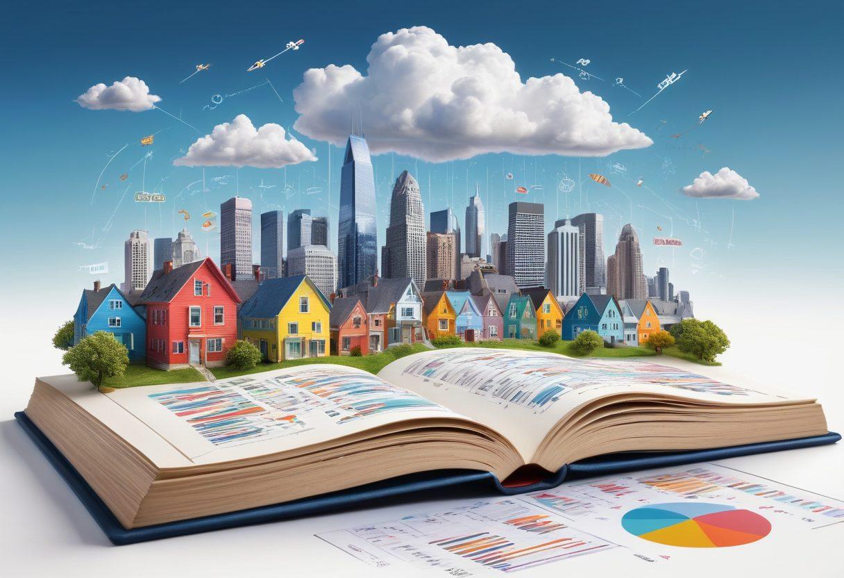 A vibrant city skyline with various styles of homes representing different property types, including modern apartments and quaint houses. In the foreground, a person holding a magnifying glass, looking at a large open book entitled 'Property Loans' filled with charts, graphs, and loan types. Clouds shaped like dollar signs hover above, symbolizing loans and finances. Bright colors and a sense of exploration throughout the scene. super-realistic. vibrant colors. white background.